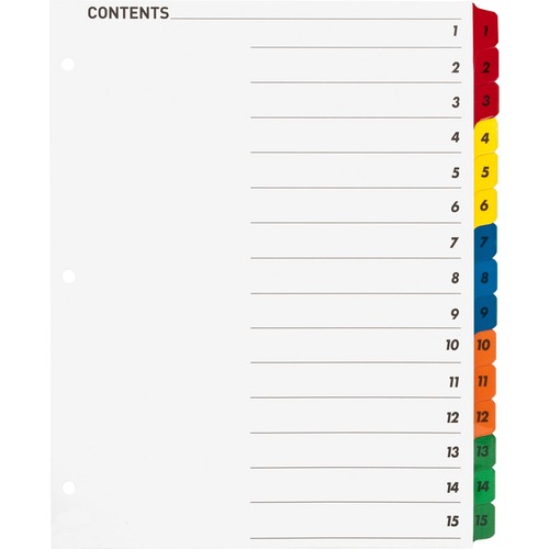 Business Source Table of Content Quick Index Dividers - Printed Tab(s) - Digit - 1-15 - 15 Tab(s)/Set - 8.50" Divider Width x 11" Divider Length - 3 Hole Punched - Multicolor Divider - Multicolor Mylar Tab(s) - 15 / Set - Copier/Laser/Inkjet Index Dividers - BSN21904