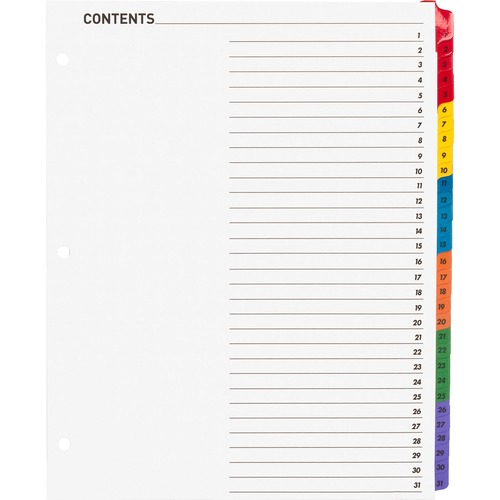 Business Source Table of Content Quick Index Dividers - Printed Tab(s) - Digit - 1-31 - 31 Tab(s)/Set - 8.5" Divider Width x 11" Divider Length - 3 Hole Punched - Multicolor Divider - Multicolor Mylar Tab(s) - 31 / Set