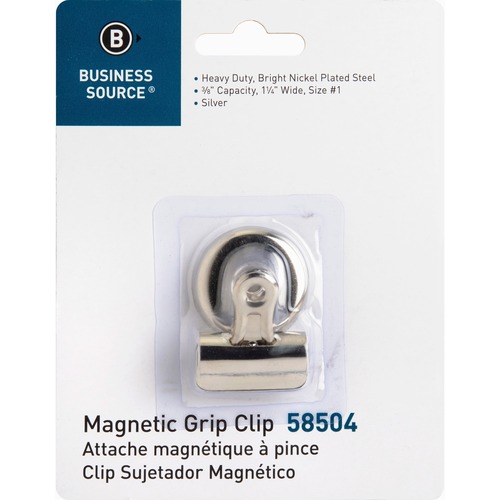 Business Source Magnetic Grip Clips - No. 1 - 1.3" Width - for Paper - Magnetic Backing, Heavy Duty - 1Each - Silver