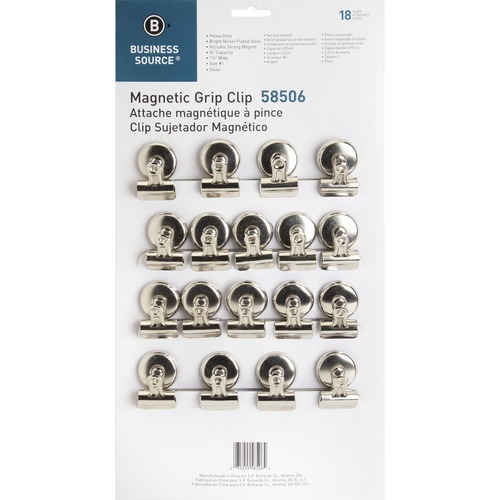 Business Source Magnetic Grip Clips Pack - No. 1 - 1.25" (31.75 mm) Width - for Paper - Magnetic, Heavy Duty - 18 / Box - Silver - Nickel Plated Steel