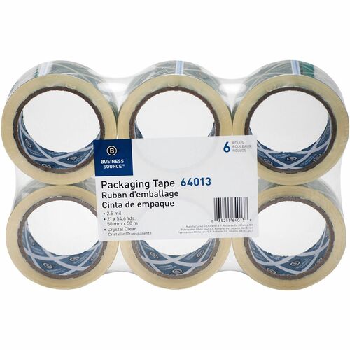 Business Source Crystal Clear Packaging Tape - 55 yd Length x 2" Width - 3" Core - Pressure-sensitive Poly - 2.50 mil - 6 / Pack - Crystal