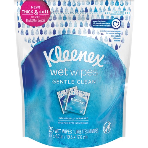 Kleenex Gentle Wrapped Wet Wipes - 7.70" x 6.70" - White - Alcohol-free, Paraben-free, Phthalate-free, Sulfate-free, Strong, Soft, Individually Wrapped - For Skin, Hand, Face, Body - 25 / Pack