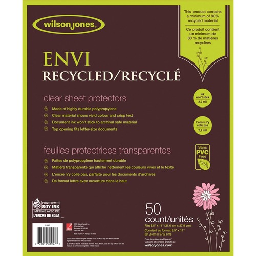 Wilson Jones ENVI Recycled Sheet Protectors 50/pack - 0" Thickness - For Letter 8 1/2" x 11" Sheet - Top Loading - Clear - Polypropylene - 50 / Pack - Sheet Protectors - WLJ7891031927