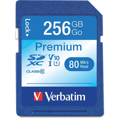 Verbatim Premium 256 GB Class 10/UHS-I (U1) SDXC - 1 Each - TAA Compliant - 90 MB/s Read - Lifetime Warranty