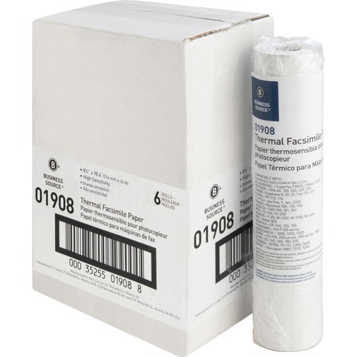 Business Source Thermal Paper - White - 8 1/2" x 98 ft - 6 / Carton - Thermal Fax Paper - BSN01908