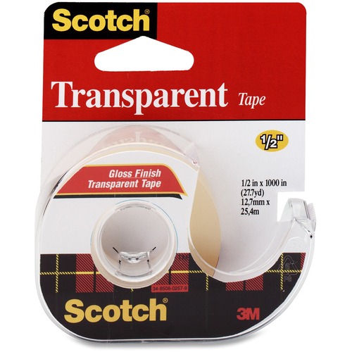 Scotch Gloss Finish Transparent Tape - 12.8 yd (11.7 m) Length x 0.50" (12.7 mm) Width - Dispenser Included - Handheld Dispenser - 1 Each - Transparent, Clear