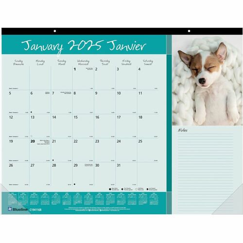 Blueline® Monthly Desk Pads - Julian Dates - Monthly - January 2024 till December 2024 - 1 Month Single Page Layout - 17" x 22" Sheet Size - Desk Pad - Paper - Bilingual, Notes Area, Tear-off, Event Planning Sheet - 1 Each