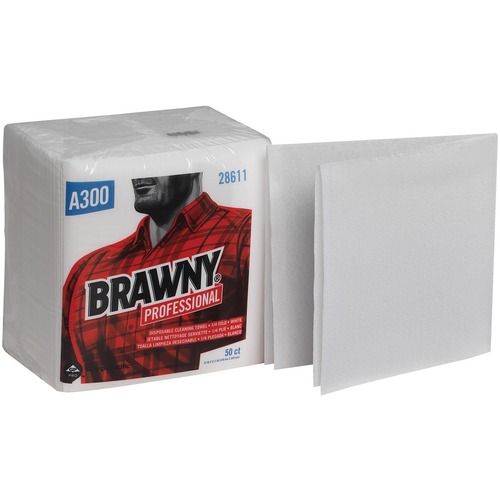 Brawny® Professional A300 Disposable Cleaning Towels by GP Pro - Quarter-fold - 12.50" x 13" - White - Paper - Absorbent, Disposable, Durable, Sof