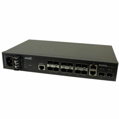 Transition Networks Managed Gigabit Ethernet Fiber Switch - 2 Ports - Manageable - Gigabit Ethernet - 1000Base-X - 4 Layer Supported - Modular - 12 SFP Slots - 24 W Power Consumption - Twisted Pair, Optical Fiber - Rack-mountable - Lifetime Limited Warran
