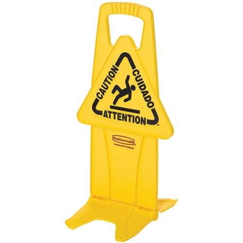 Rubbermaid Commercial Stable Safety Sign with Tri-Lingual "Caution" Imprint - 1 Each - 13.25" (336.55 mm) Width x 26" (660.40 mm) Height - Self Opening Base - Yellow