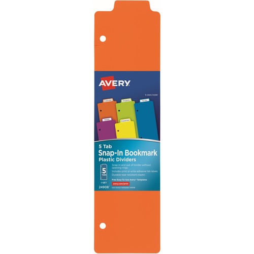 Avery® Snap-In Plastic Bookmark Dividers, 5 Tabs, 1 Set, Multicolor (24908) - Monthly - 1 Month Single Page Layout - 10" x 10" Sheet Size - White, Multicolor - Plastic - Repositionable, Self-adhesive, Write on/Wipe off, Dry Erase Surface, Durable, Reu