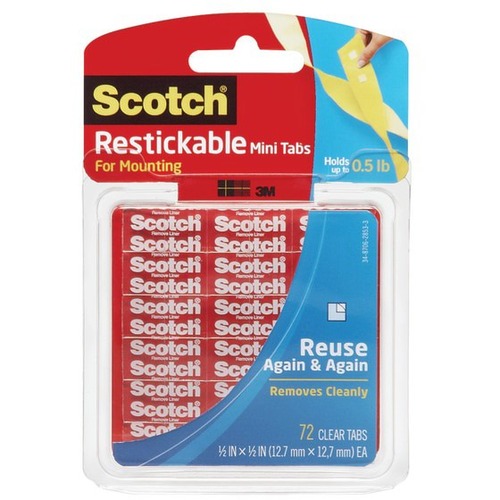 Scotch Restickable Adhesive Tabs, 1/2" x 1/2" , Clear, Pack Of 72 - 0.50" Length x 0.50" Width - Clear - 72 / Pack
