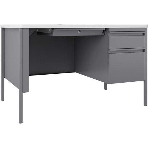 Lorell Fortress Steel Teachers Desk - 48" x 30" x 29.5" - Box, File Drawer(s) - Single Pedestal on Right Side - T-mold Edge - Finish: Gray = LLR66940