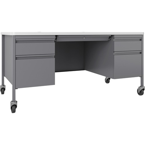 Lorell Fortress Series Mobile Double-Pedestal Teachers Desk - 60" x 30"29.5" - Box, File Drawer(s) - Double Pedestal - T-mold Edge - Finish: Gray