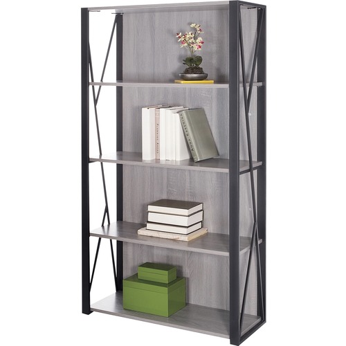 Safco Mood Collection Small Office Bookcase - 31.8" x 12" x 59" - 4 Shelve(s) - Material: Steel - Finish: Gray, Laminate, Black