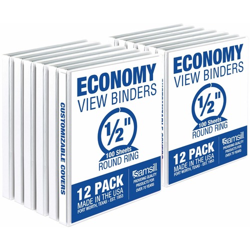 Samsill Economy 0.5 Inch 3 Ring Binder, Made in the USA, Round Ring Binder, Non-Stick Customizable Cover, White, 12 Pack (I08517C) - 1/2" Binder Capacity - Letter - 8 1/2" x 11" Sheet Size - 100 Sheet Capacity - 3 x Round Ring Fastener(s) - 2 Internal Poc