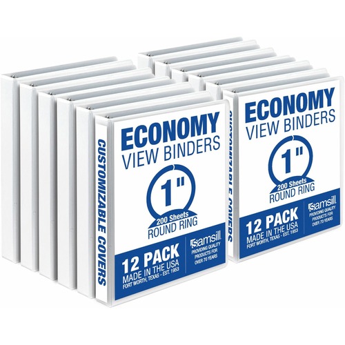 Samsill Economy 1 Inch 3 Ring Binder, Made in the USA, Round Ring Binder, Non-Stick Customizable Cover, White, 12 Pack (I008537C) - 1" Binder Capacity - Letter - 8 1/2" x 11" Sheet Size - 100 Sheet Capacity - 3 x Round Ring Fastener(s) - 2 Internal Pocket