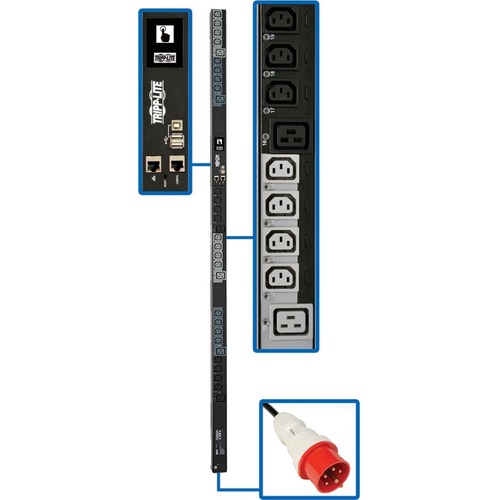 Eaton Tripp Lite Series 11.5kW 208-240V 3PH Switched PDU - LX Interface, Gigabit, 30 Outlets, IEC 309 16/20A Red 360-415V Input, Outlet Monitoring, LCD, 1.8 m Cord, 0U 1.8 m Height, TAA - Switched - IEC 60309 16/20A RED (3P+N+E) - 24 x IEC 60320 C13, 6 x 