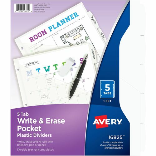Avery® Write & Erase Pocket Plastic Dividers - 5 x Divider(s) - 5 Write-on Tab(s) - 5 - 5 Tab(s)/Set - 9.3" Divider Width x 11.13" Divider Length - 3 Hole Punched - White Plastic Divider - White Plastic Tab(s) - 2