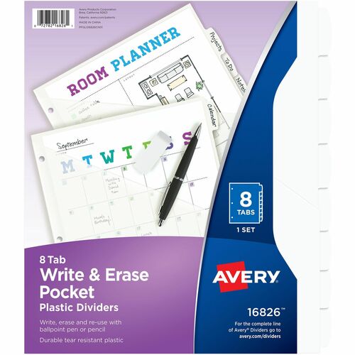 Avery Write & Erase Pocket Plastic Dividers - 8 x Divider(s) - 8 Write-on Tab(s) - 8 - 8 Tab(s)/Set - 9.3" Divider Width x 11.25" Divider Length - 3 Hole Punched - White Plastic Divider - White Plastic Tab(s) - Hole-punched, Writable, Erasable, Durable, R