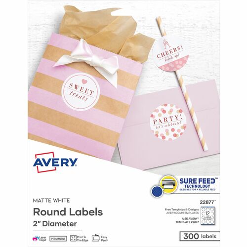 Avery® Easy Peel Labels -Sure Feed - Print-to-the-Edge - - Width2" Diameter - Permanent Adhesive - Round - Laser, Inkjet - White - Paper - 12 / Sheet - 25 Total Sheets - 300 Total Label(s) - 5