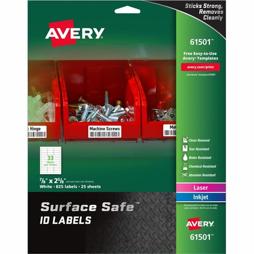 Avery® Surface Safe ID Label - 7/8" Width x 2 5/8" Length - Removable Adhesive - Rectangle - Laser, Inkjet - White - Film - 33 / Sheet - 25 Total Sheets - 825 Total Label(s) - 5 - Water Resistant