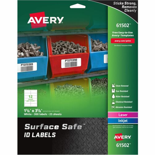 Avery® Surface Safe ID Label - 1 5/8" Width x 3 5/8" Length - Removable Adhesive - Rectangle - Laser, Inkjet - White - Film - 12 / Sheet - 25 Total Sheets - 300 Total Label(s) - 5 - Water Resistant