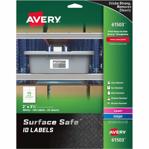 Avery® Surface Safe ID Label - 2" Width x 3 1/2" Length - Removable Adhesive - Rectangle - Laser, Inkjet - White - Film - 10 / Sheet - 25 Total Sheets - 250 Total Label(s) - 5 - Water Resistant