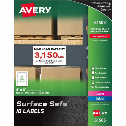 Avery® Surface Safe ID Labels - 4" Width x 6" Length - Removable Adhesive - Rectangle - Laser, Inkjet - White - Film - 2 / Sheet - 50 Total Sheets - 100 Total Label(s) - 5 - Water Resistant