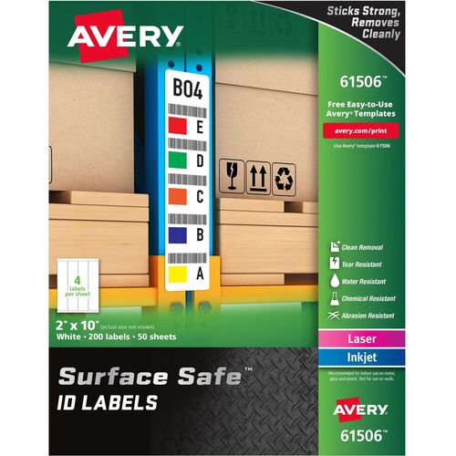 Avery® Surface Safe ID Label - 2" Width x 10" Length - Removable Adhesive - Rectangle - Laser, Inkjet - White - Film - 4 / Sheet - 50 Total Sheets - 200 Total Label(s) - 5 - Water Resistant