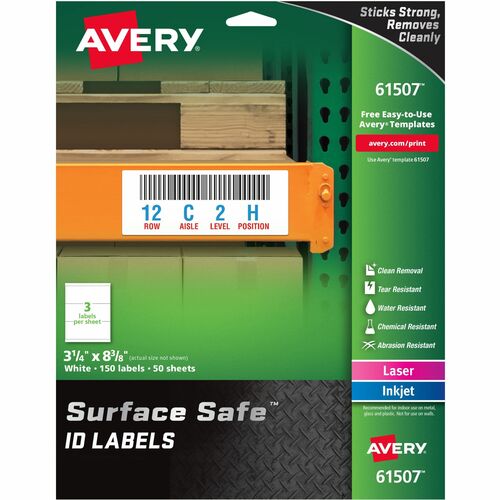 Avery® Surface Safe ID Label - 3 1/4" Width x 8 3/8" Length - Removable Adhesive - Rectangle - Laser, Inkjet - White - Film - 3 / Sheet - 50 Total Sheets - 150 Total Label(s) - 5 - Water Resistant