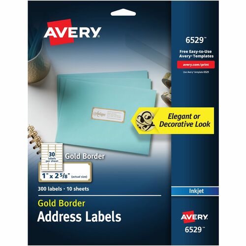 Avery® Easy Peel Address Label - 1" Width x 2 5/8" Length - Permanent Adhesive - Rectangle - Inkjet - White, Gold - Paper - 30 / Sheet - 10 Total Sheets - 300 Total Label(s) - 300 / Pack