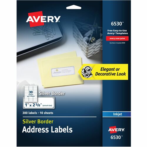 Avery® Easy Peel Address Label - 1" Width x 2 5/8" Length - Permanent Adhesive - Rectangle - Inkjet - White, Silver - Paper - 30 / Sheet - 10 Total Sheets - 300 Total Label(s) - 300 / Pack