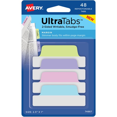 Avery® UltraTabs Repositionable Margin Tabs - 48 Tab(s) - 1" Tab Height x 2.50" Tab Width - Clear Film, Pastel Blue Paper, Pastel Pink, Pastel Purple, Pastel Green Tab(s) - 48 / Pack