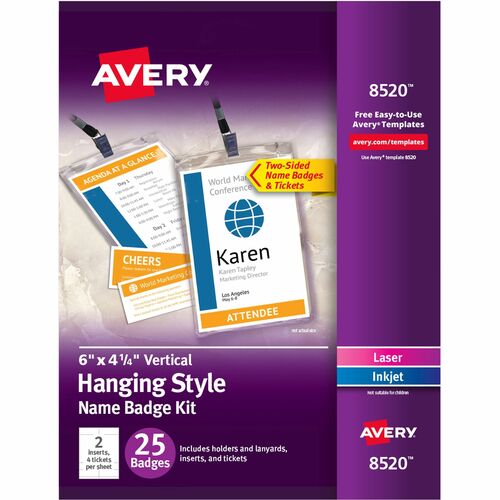 Avery® Vertical Name Badges with Tickets Kit for Laser and Inkjet Printers, 4-1/4" x 6" - White, Black - 25 / Pack