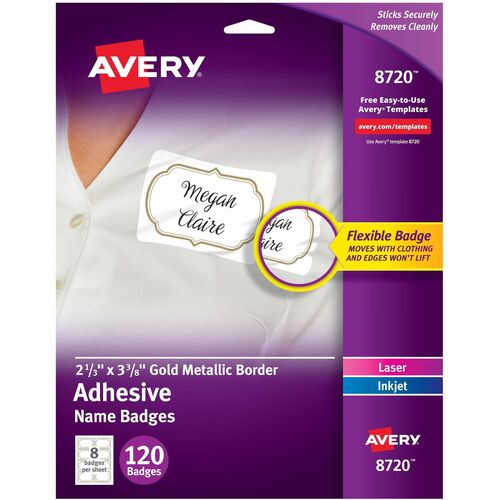 Avery Self-Adhesive Removable Name Tag Labels with Gold Metallic Border - 120 / Pack - 2.33" Holding Width x 3.38" Holding Height - Rectangular Shape - Flexible, Self-adhesive, Removable, Printable, PVC-free - Meeting - White, White, Gold