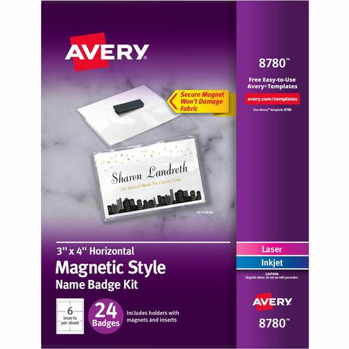 Avery® Secure Magnetic Name Badges with Durable Plastic Holders and Heavy-duty Magnets - 1 / Pack - 4" Width - Rectangular Shape - Pocket - Micro Perforated, Insertable, Magnetic, Durable, Reusable, Easy to Use, Laminated, Printable, Heavy Duty - Poly