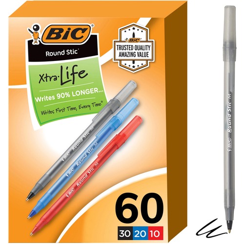 BIC Round Stic Xtra Life Ball Point Pen, Assorted, 60 Pack - 1 mm Pen Point Size - Assorted - Translucent Barrel - 60 Pack