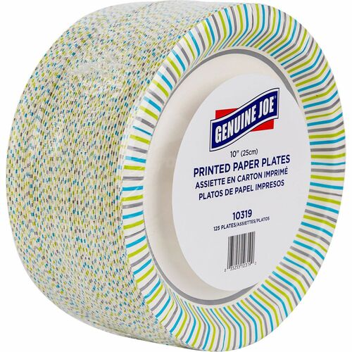 Genuine Joe Printed Paper Plates - 10" Diameter Plate - Paper Plate - Disposable - Assorted - 125 Piece(s) / Pack
