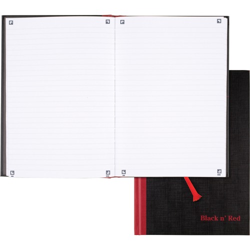 Black n' Red Casebound Business Notebook - 96 Sheets - Case Bound - Ruled9.9"7" - Black/Red Cover - Bleed Resistant, Ink Resistant, Smooth, Hard Cover, Ribbon Marker - 1 Each