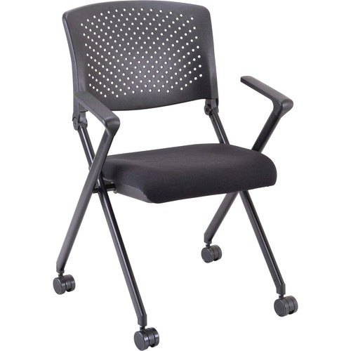 Lorell Upholstered Foldable Nesting Chairs with Arms - Black Fabric Seat - Black Plastic Back - Metal Frame - 2 / Carton