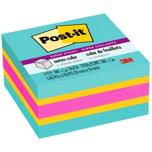 Post-it® Super Sticky Notes Cube - 3" x 3" - Square - 360 Sheets per Pad - Aqua Splash, Sunnyside, Power Pink - Paper - Sticky, Recyclable - 1 / Pack