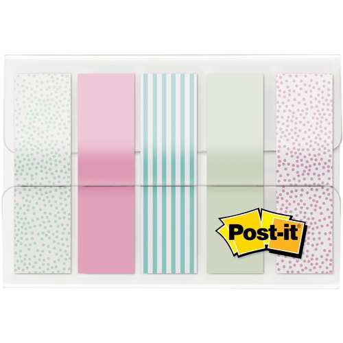 Post-it® Printed Flags - 100 x Assorted Pastel - 1/2" x 1 3/4" - 20 Sheets per Pad - Green, Pink, Blue - Self-adhesive, Sticky, Removable, Writable - 100 / Pack
