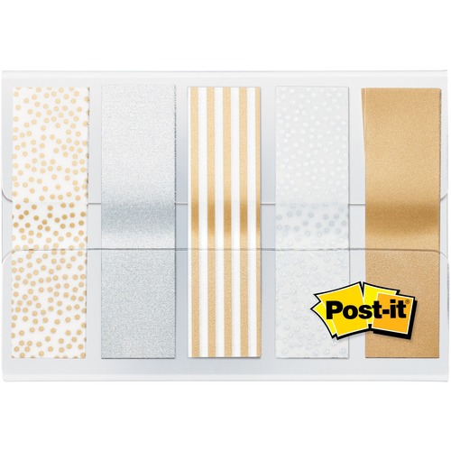 Post-it® Printed Flags - 100 x Assorted Metallic - 0.50" x 1.75" - 20 Sheets per Pad - Gold, Silver - Sticky, Removable, Writable, Self-adhesive - 100 / Pack