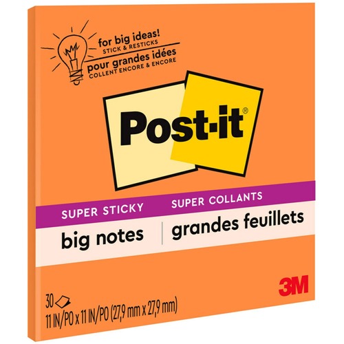 Post-it® Super Sticky Big Notes - 30 x Orange - 11" x 11" - Square - 30 Sheets per Pad - Orange - Sticky, Removable - 1 Each - Adhesive Note Pads - MMMBN11O