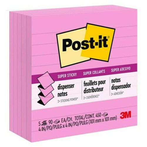 Post-it® Super Sticky Pop-up Lined Note Refills - 4" x 4" - Square - 90 Sheets per Pad - Neon Pink - Sticky - 5 / Pack