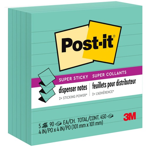 Post-it® Super Sticky Pop-up Lined Note Refills - 4" x 4" - Square - 90 Sheets per Pad - Blue - Sticky - 5 / Pack = MMMR440WASS