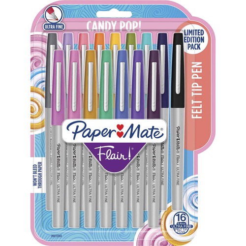 Paper Mate Flair Ultra Fine Candy Pop Felt Tip Pen - Ultra Fine Pen PointWater Based Ink - Felt Tip - 16 / Pack