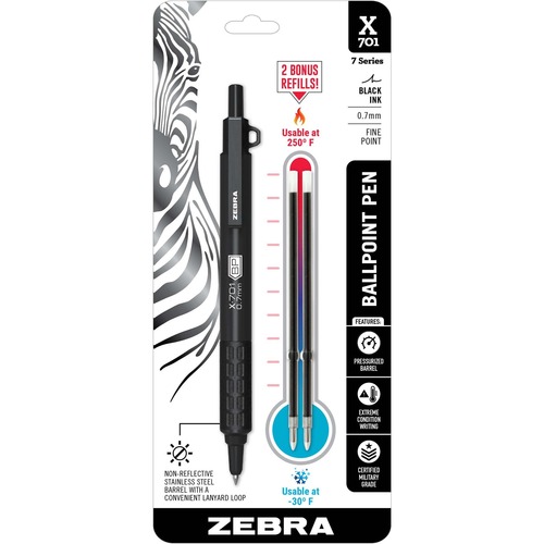 Zebra Pen X-701 Tactical Retractable Ballpoint Pen - Fine Pen Point - 0.7 mm Pen Point Size - Refillable - Retractable - Stainless Steel Barrel - 1 Each - Ballpoint Stick Pens - ZEB29811