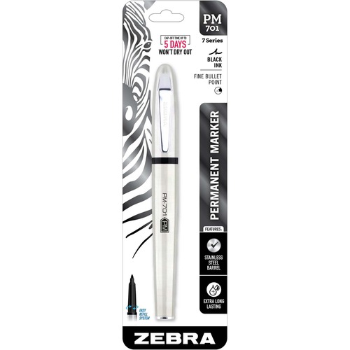 Zebra STEEL 7 Series PM-701 Permanent Marker - Fine Pen Point - Bullet Marker Point Style - Refillable - Stainless Steel Barrel - 1 Each